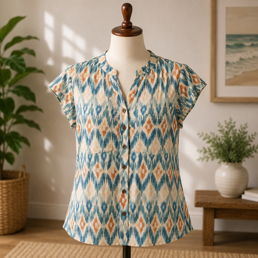NWT DR2 Ikat Print Blouse‎ Womens Small Blue Orange Sleeveless Button Front Top